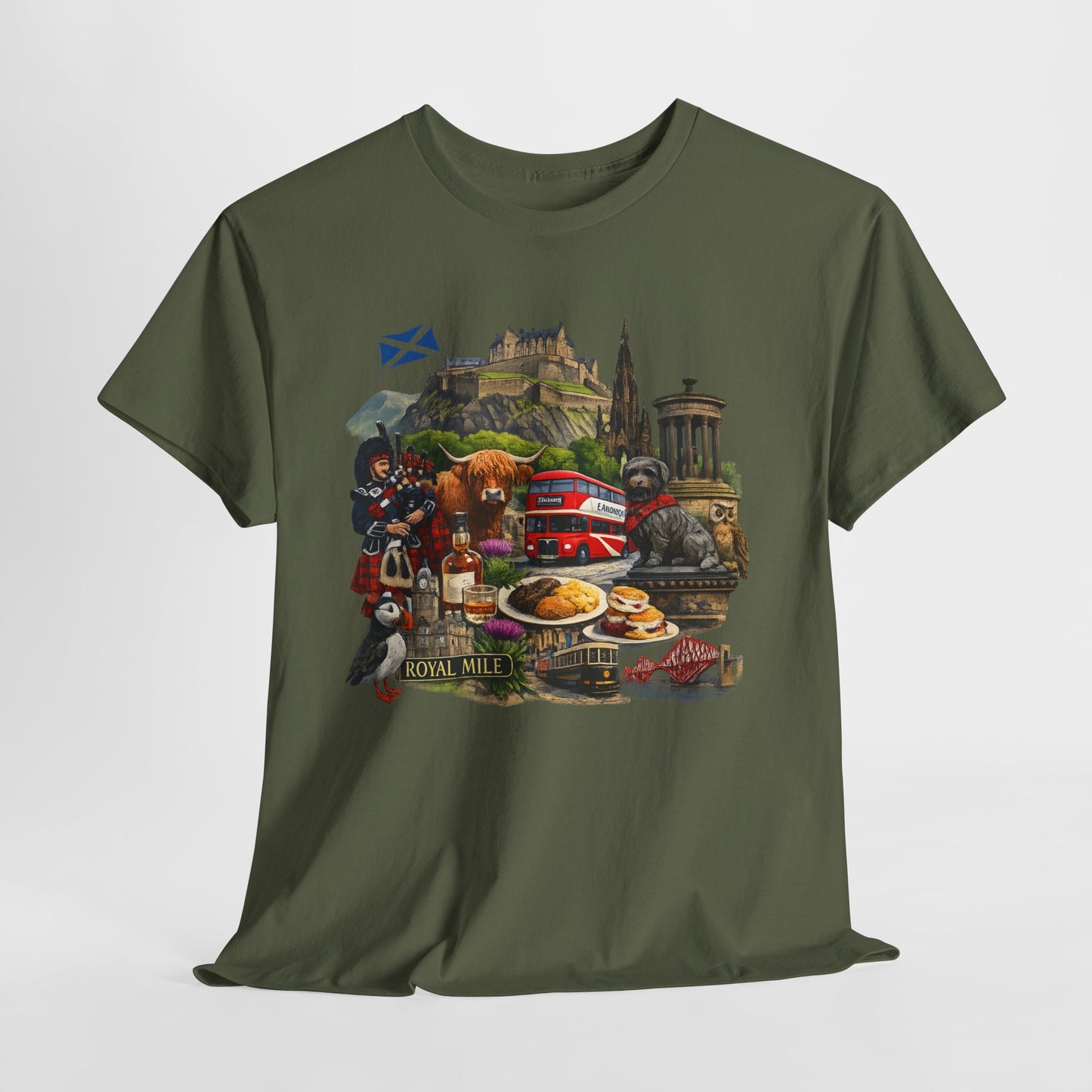Scotland / Edinburgh Travel Collage T-Shirt — Edinburgh Castle, Bagpipes & Local Icons
