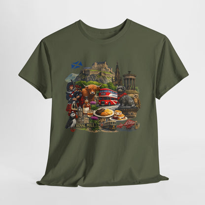 Scotland / Edinburgh Travel Collage T-Shirt — Edinburgh Castle, Bagpipes & Local Icons