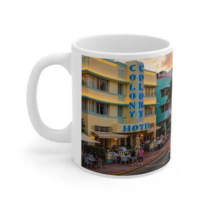 Miami Beach Sunset Coffee Mug — Ocean Drive Retro Car & Art Deco Hotel Design (11oz/15oz)