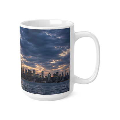 Statue of Liberty Sunset Mug — NYC Skyline Coffee Cup with American Flag (11oz & 15oz)