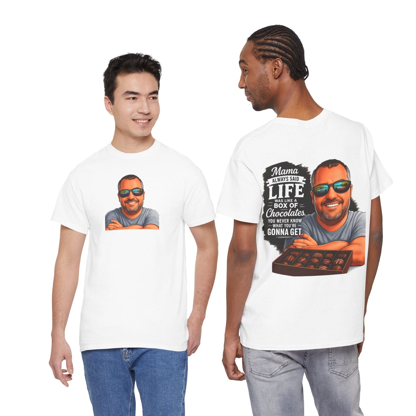 T-Shirt — "Mama Always Said Life Is Like A Box Of Chocolates" Graphic Tee (Funny Retro Portrait)