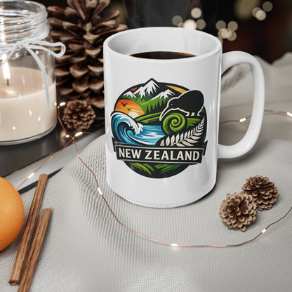New Zealand Scenic Badge Ceramic Mug — Kiwi, Fern & Ocean Coffee Cup (11oz/15oz)