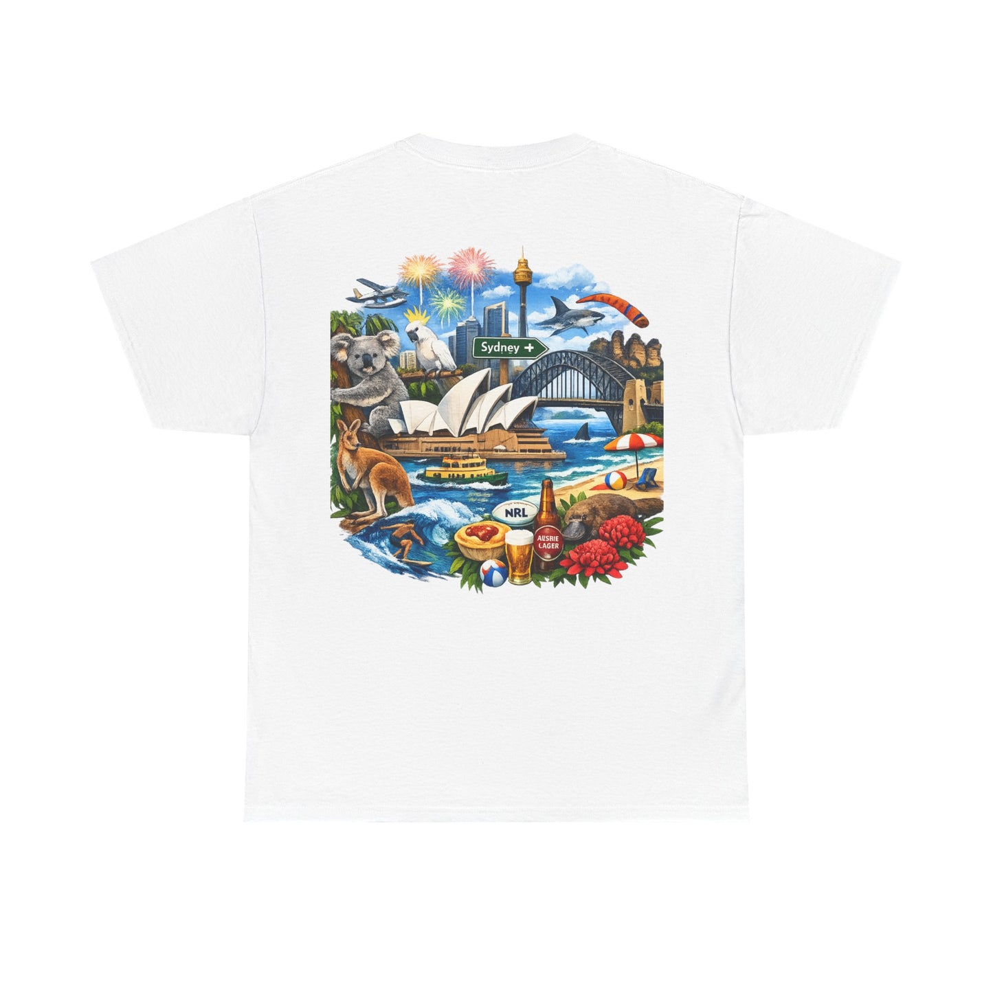 T-Shirt — Sydney Landmark Collage Tee (Opera House, Harbour Bridge, Koala & Beach Scene)