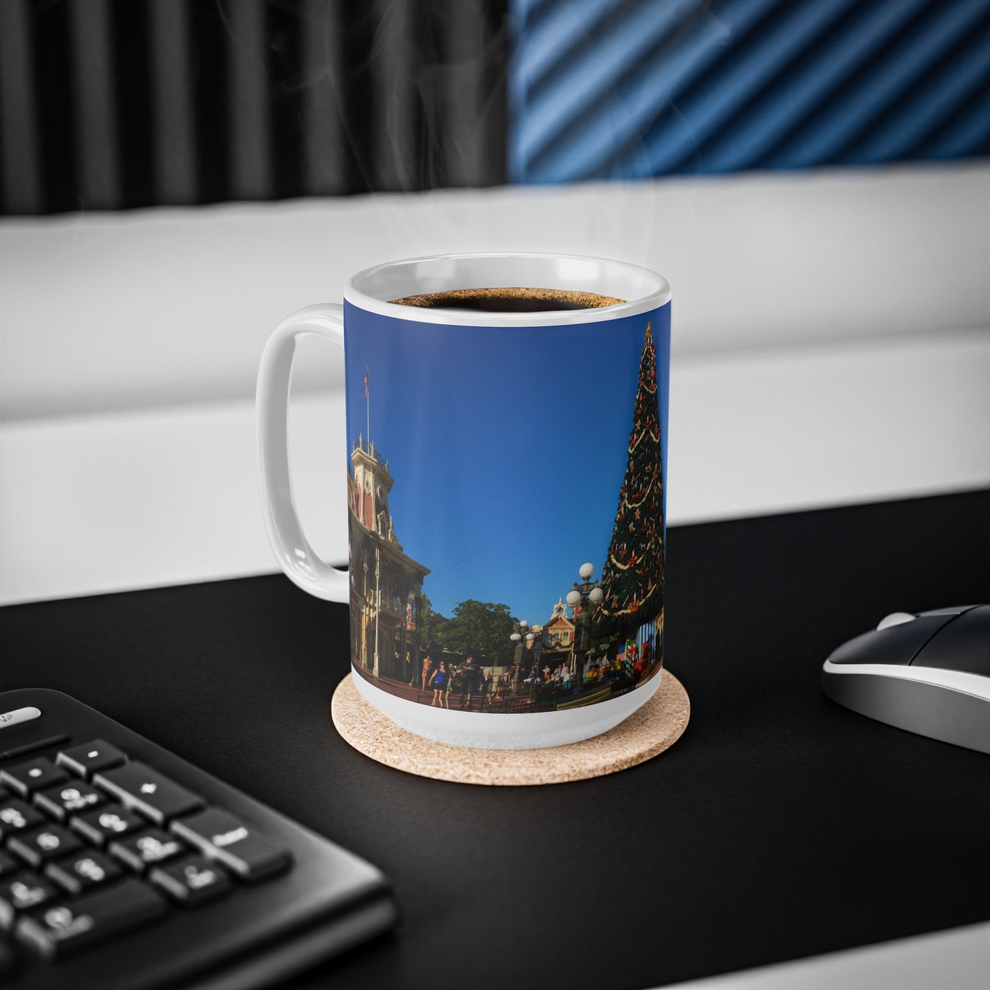 Magic Kingdom Town Square Christmas Mug — Festive Tree & Main Street Ceramic Coffee Cup (11oz, 15oz)