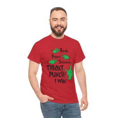 Funny Holiday Tee — "Rock. Paper. Scissors. Throat Punch! I Win" Graphic T-Shirt