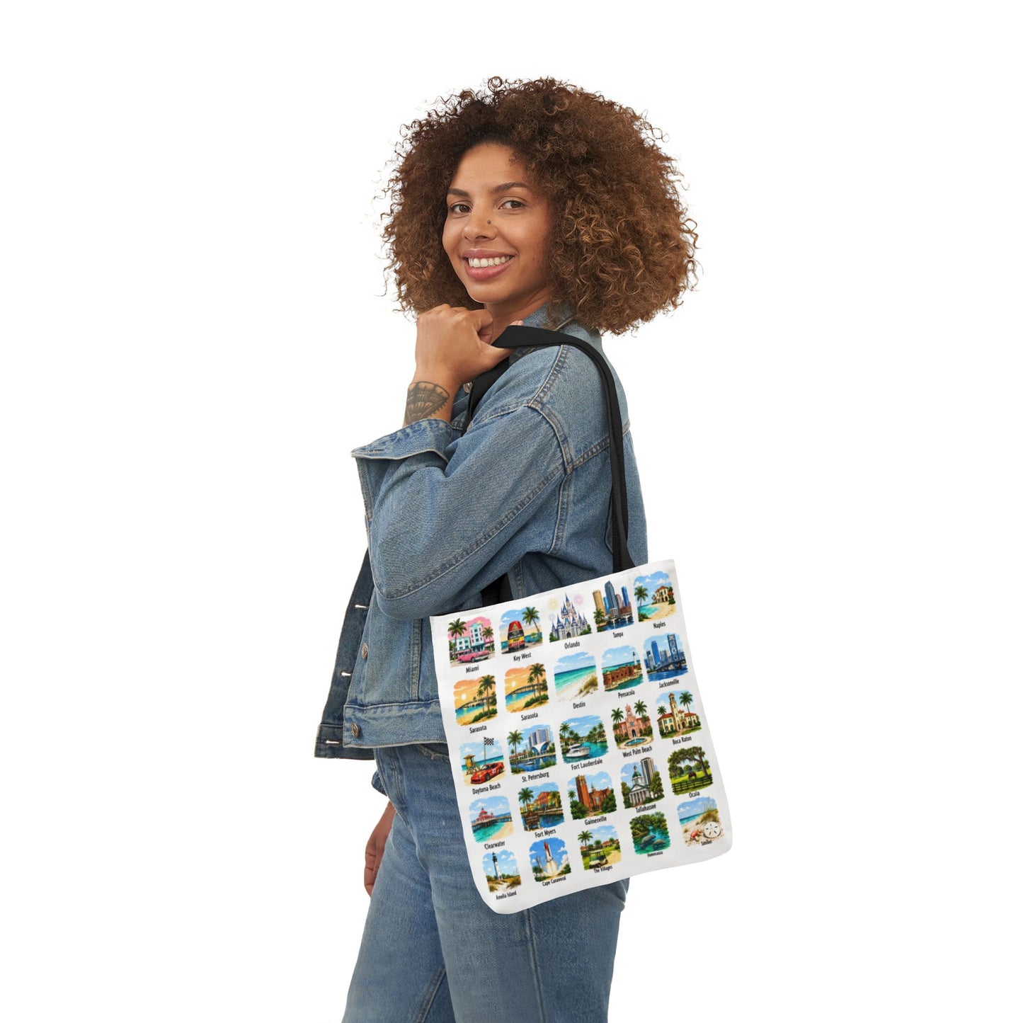 Florida City Landmark Collage Canvas Tote Bag — Vintage Travel Icons Print