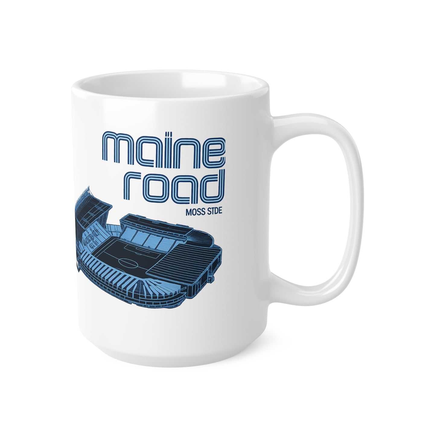 Manchester City Maine Road Stadium Mug — Retro Blue Soccer Stadium Ceramic Coffee Cup (11oz & 15oz)