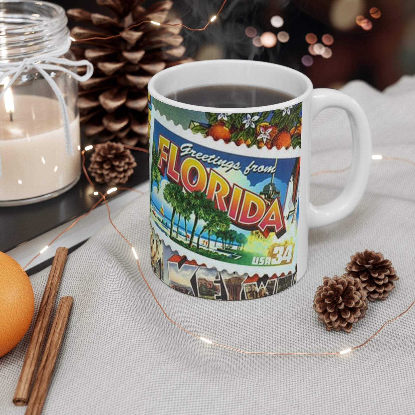 Florida Postcard Ceramic Coffee Mug — 'Greetings from Florida' Retro Travel Design (11oz & 15oz)