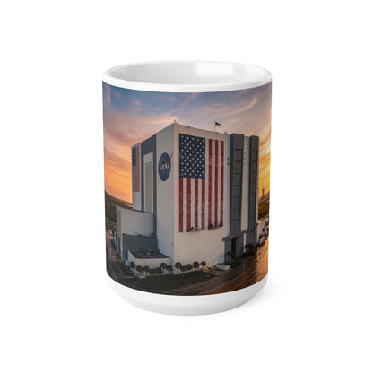 NASA Vehicle Assembly Building Sunrise Photo Mug — American Flag Ceramic Coffee Cup (11oz & 15oz)
