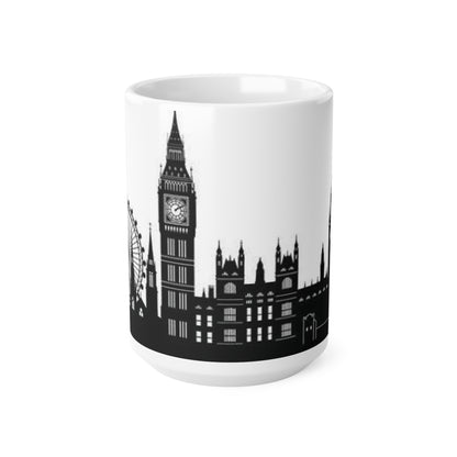 London Skyline Coffee Mug — Black & White Big Ben, London Eye Ceramic Mug (11oz & 15oz)