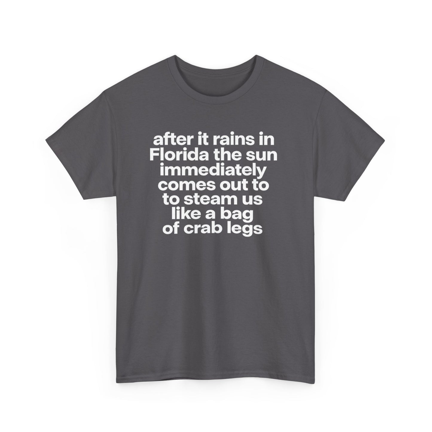 T-Shirt — "after it rains in Florida the sun immediately comes out to steam us like a bag of crab legs" Funny Florida Weather Tee