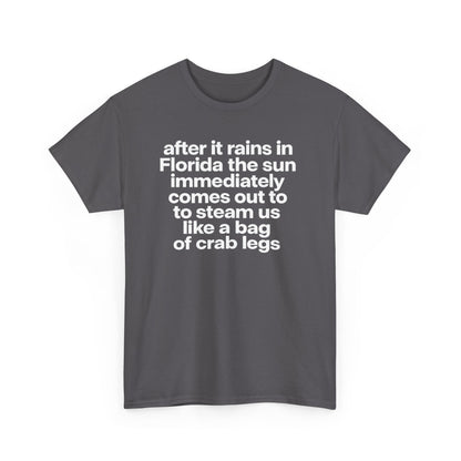 T-Shirt — "after it rains in Florida the sun immediately comes out to steam us like a bag of crab legs" Funny Florida Weather Tee