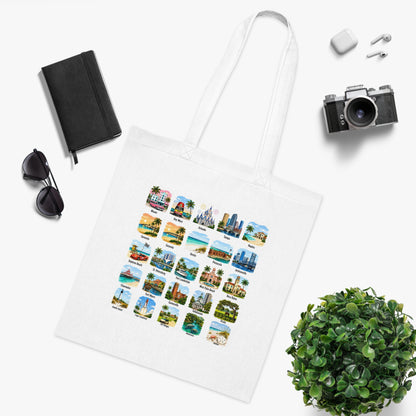 Florida City Landmarks Collage Cotton Tote – Vintage Travel Postcard Design