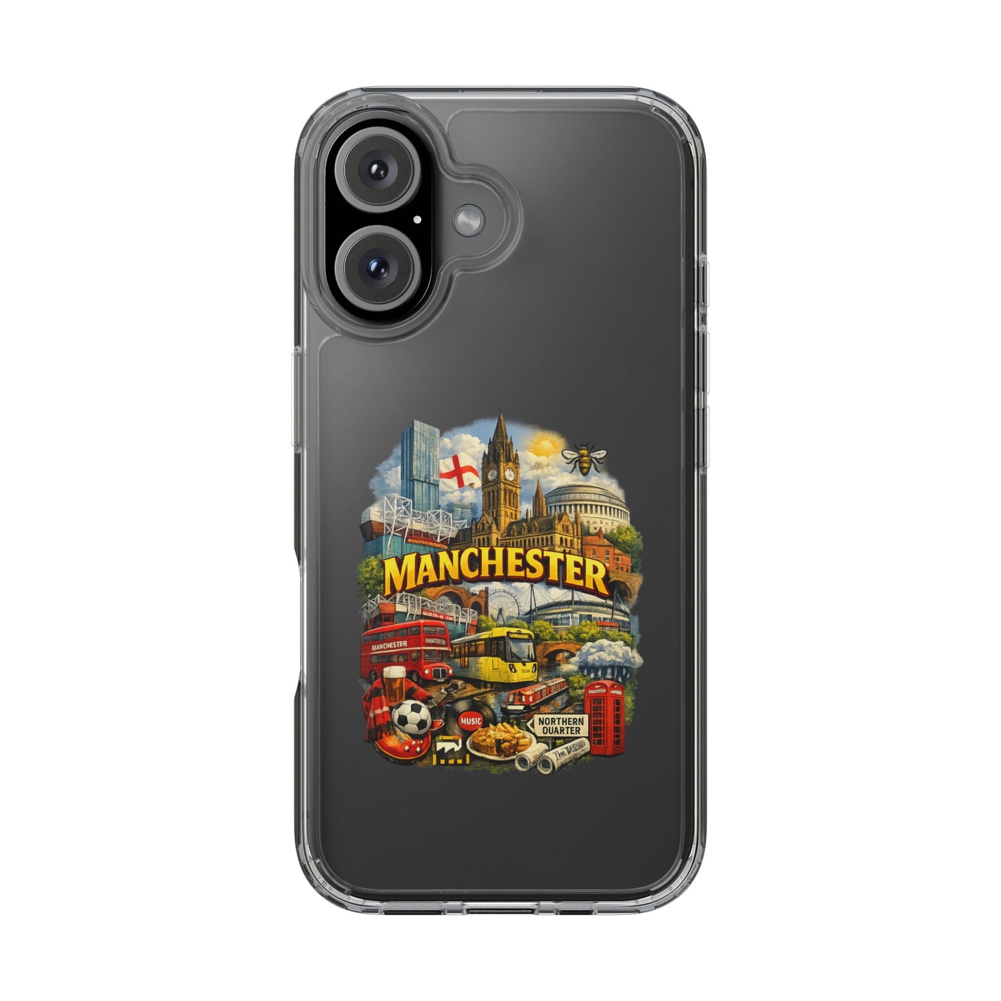 Manchester Landmark Clear Phone Case — Cityscape Collage Design