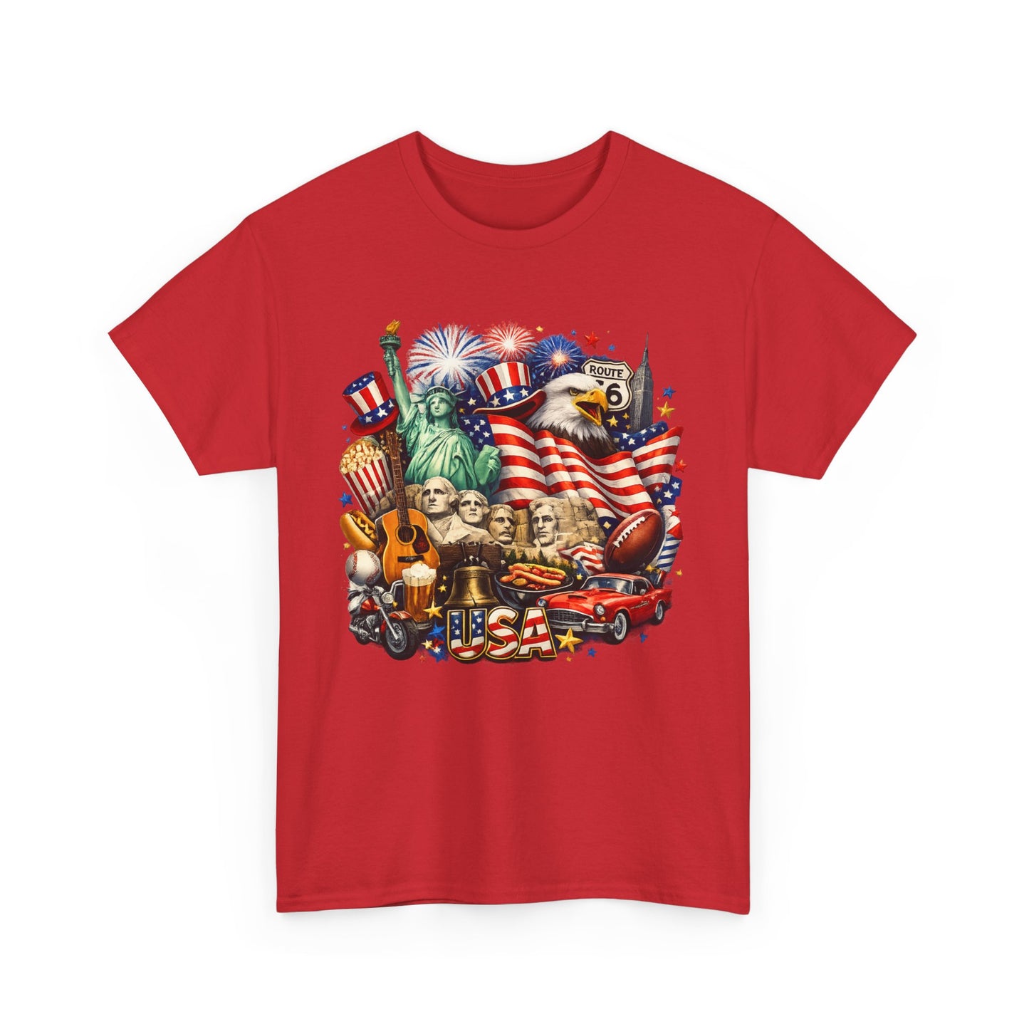 Patriotic USA Graphic Tee – American Flag, Statue of Liberty & Fireworks T-Shirt