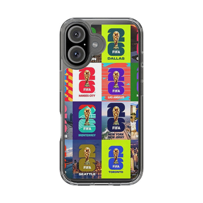 FIFA World Cup Pop Art Clear Phone Case — City Badge Collage (Dallas, LA, Monterrey, Toronto, Seattle)