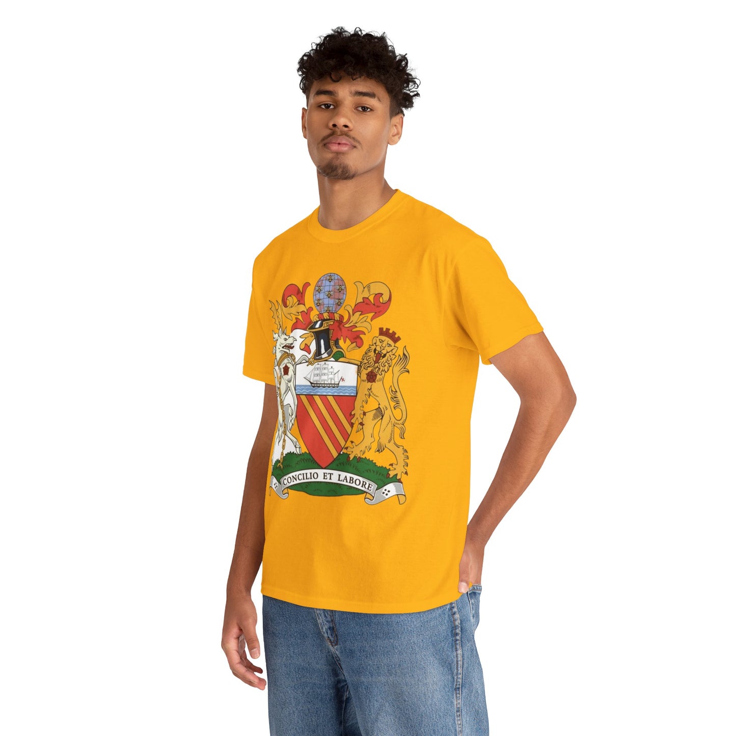 Manchester Coat of Arms Crest T‑Shirt — Heraldic Family Shield Tee with 'Concilio et Labore' Banner