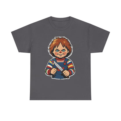 Horror Doll Knife Tee — Creepy Chucky-Inspired Graphic T-Shirt