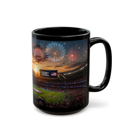 World Cup 2026 Patriotic Stadium Fireworks Black Mug — American Flag Football Game Coffee Cup (11oz/15oz)