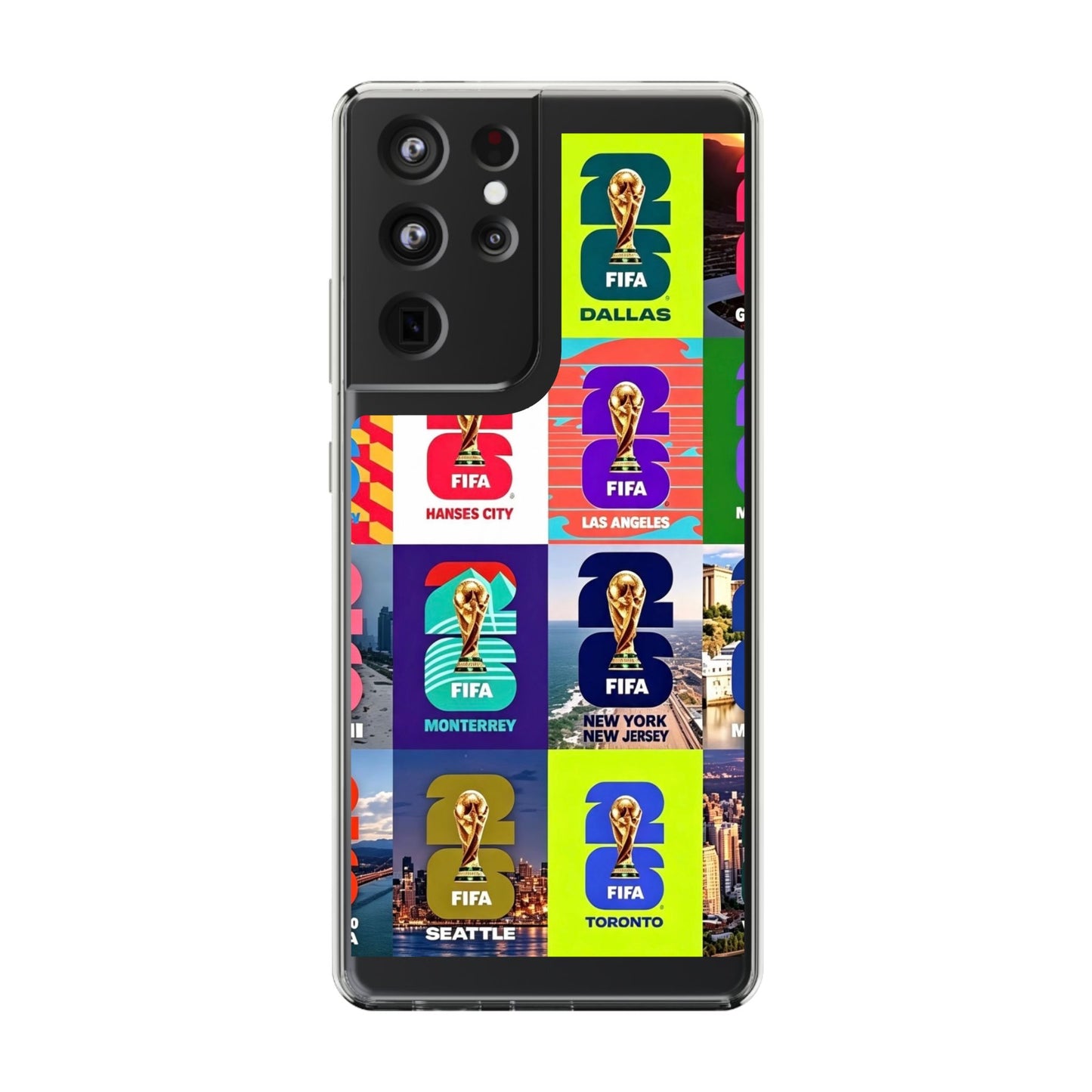 FIFA World Cup Pop Art Clear Phone Case — City Badge Collage (Dallas, LA, Monterrey, Toronto, Seattle)