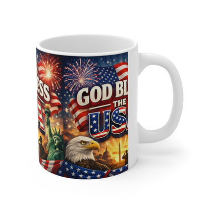 God Bless The USA Ceramic Coffee Mug — Patriotic 11oz/15oz Coffee Cup with Flag, Eagle & Fireworks