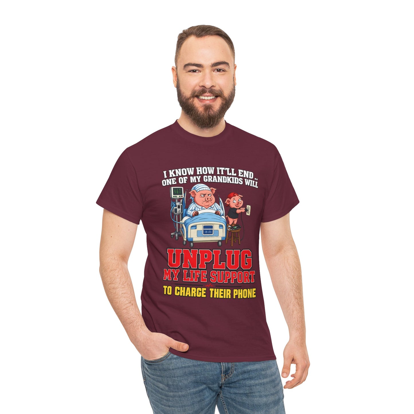 Funny Grandpa T-Shirt - "Unplug My Life Support to Charge Their Phone" Grandpa Humor Tee