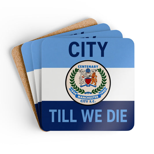 Cork Coaster Set — 'City Till We Die' Football Fan Drink Coasters (Blue Crest Design)