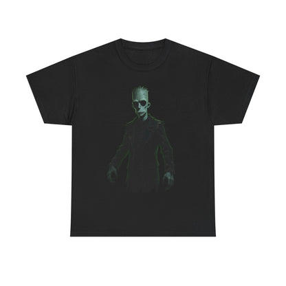 Alien Shadow Graphic Tee — Neon Green Sci‑Fi Skeleton Design