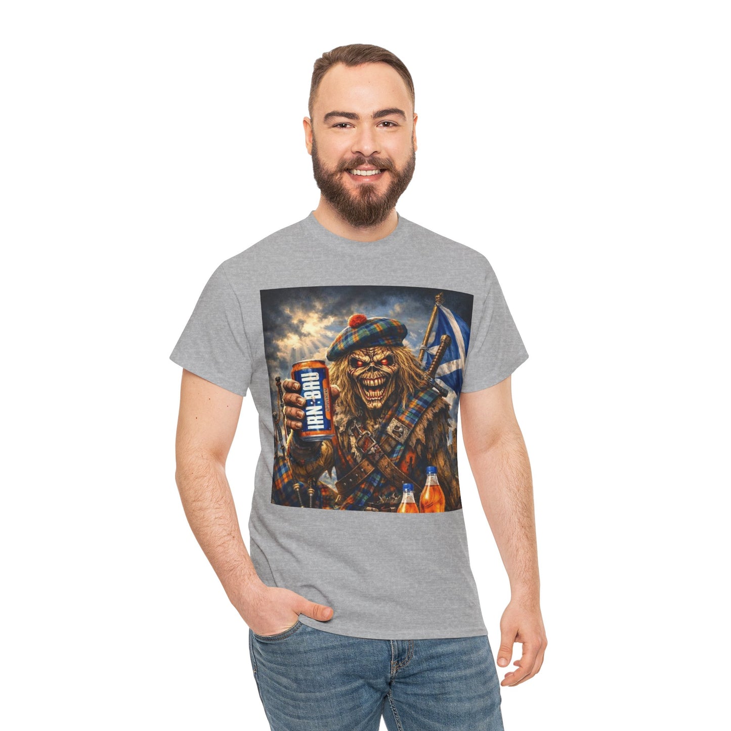 Scottish Rock Skull T‑Shirt — Eddie the Piper with Flag & Can Graphic Tee