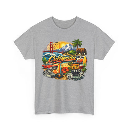 California Vintage Travel T-Shirt — Golden Gate, Palm Trees & Route 66 Tee