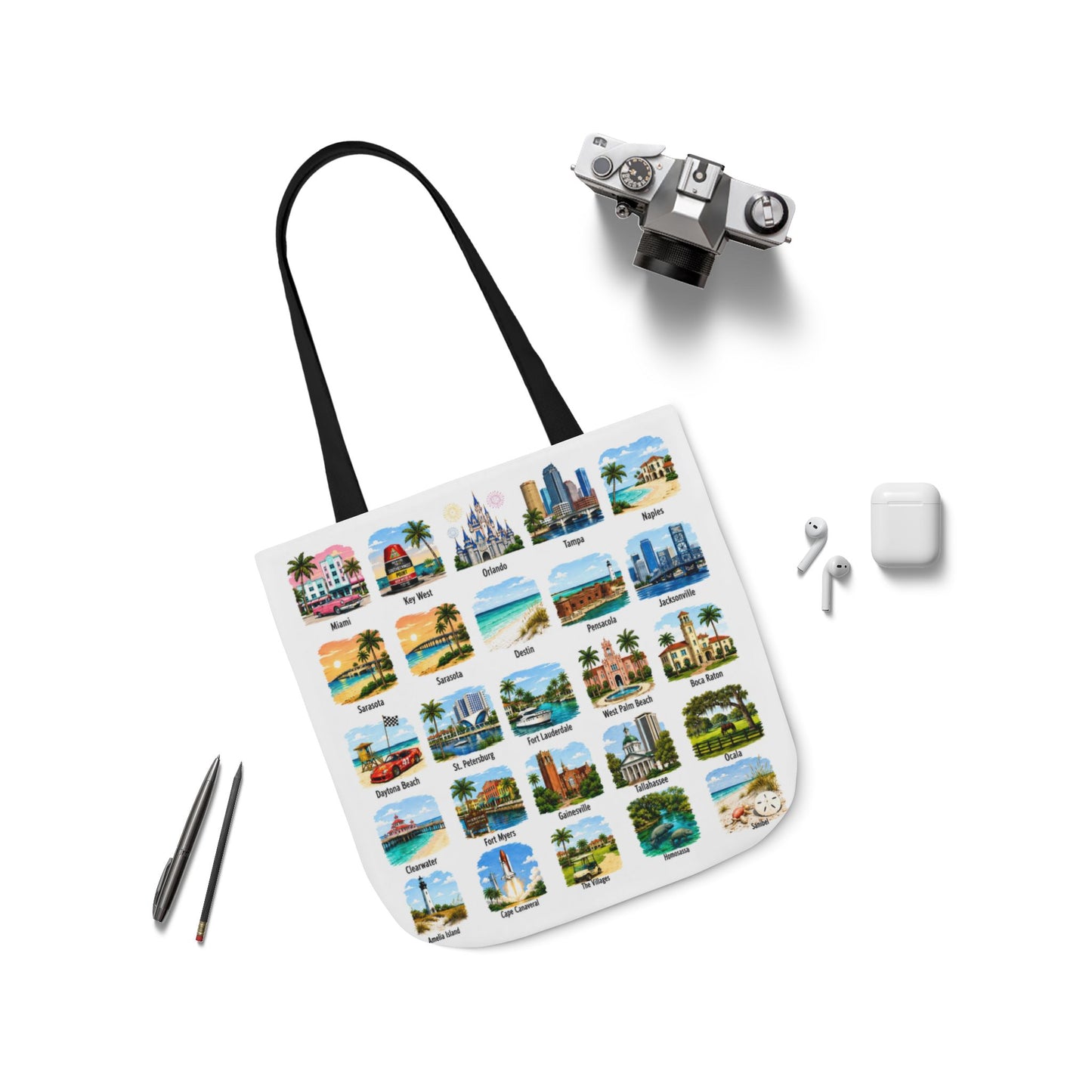Florida City Landmark Collage Canvas Tote Bag — Vintage Travel Icons Print