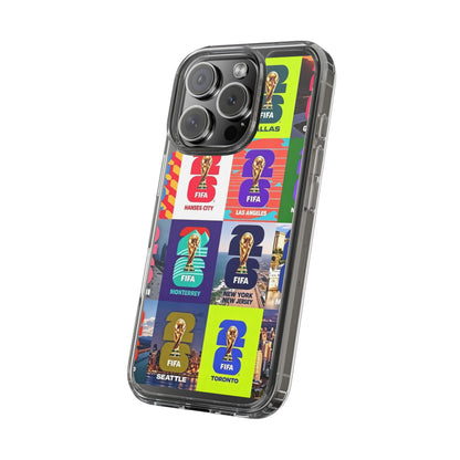 FIFA World Cup Pop Art Clear Phone Case — City Badge Collage (Dallas, LA, Monterrey, Toronto, Seattle)