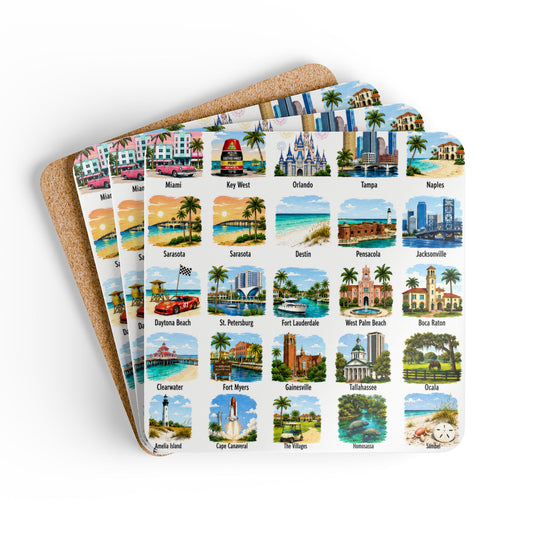 Florida Cities Corkwood Coaster Set — Vintage Travel Map Style Coasters