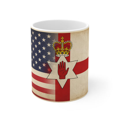 USA / Northern Ireland Flag Coffee Mug — Vintage US & British Emblem 11oz/15oz