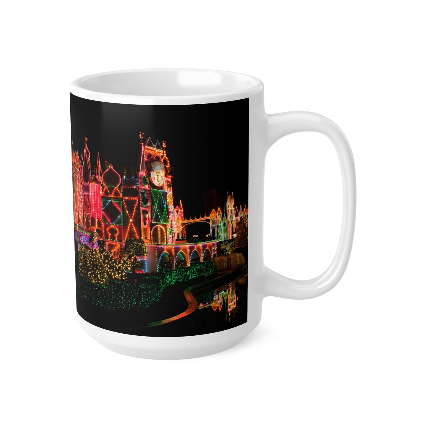 Disneyland It's a Small World Taken at night Ceramic Mug — Festive Neon Christmas Coffee Cup (11oz & 15oz)