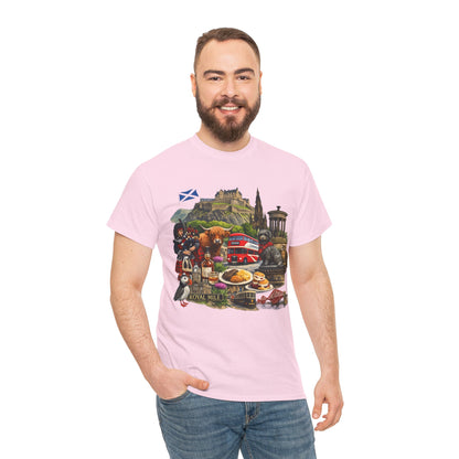 Scotland / Edinburgh Travel Collage T-Shirt — Edinburgh Castle, Bagpipes & Local Icons