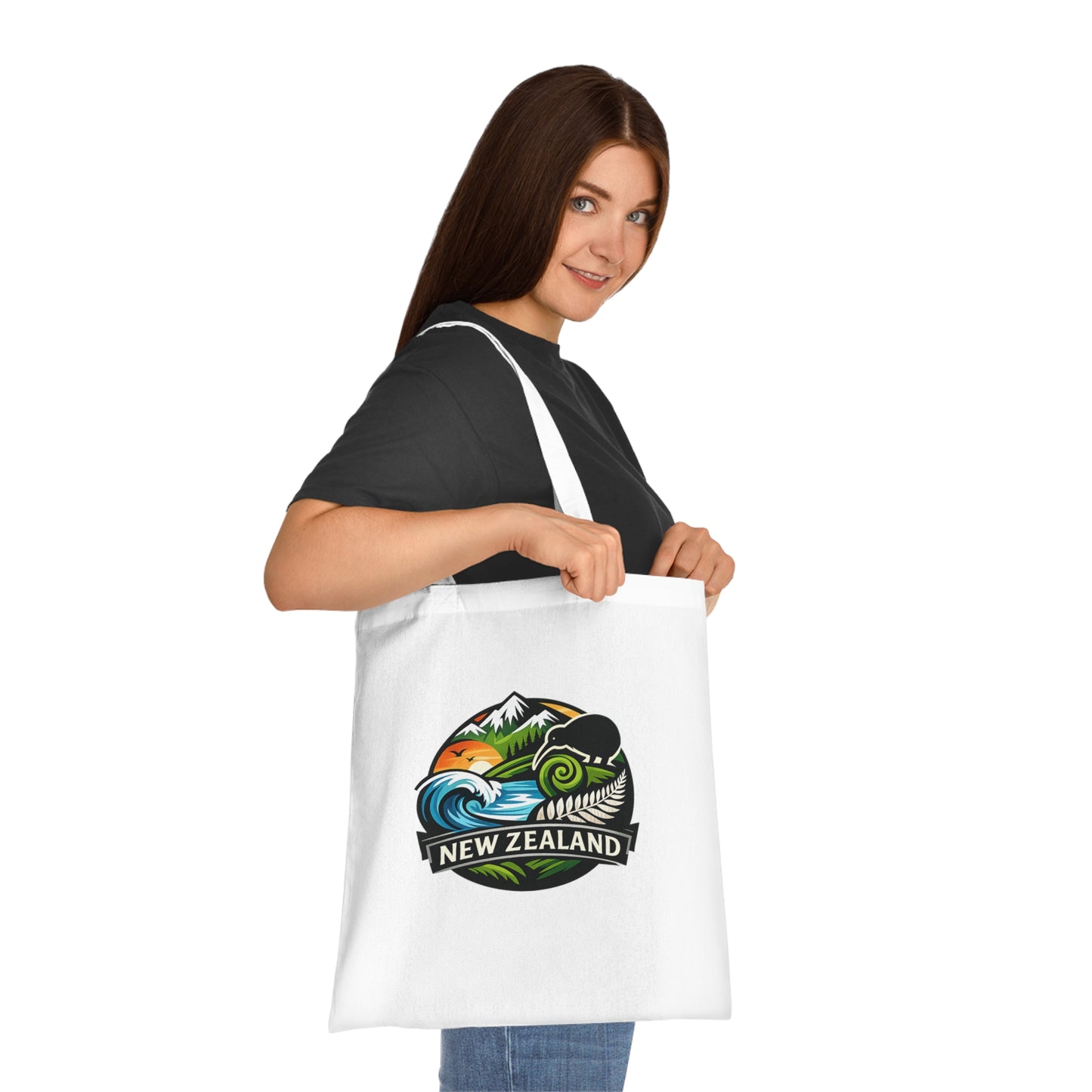New Zealand Scenic Tote Bag — Kiwi, Fern & Mountain Cotton Shopper