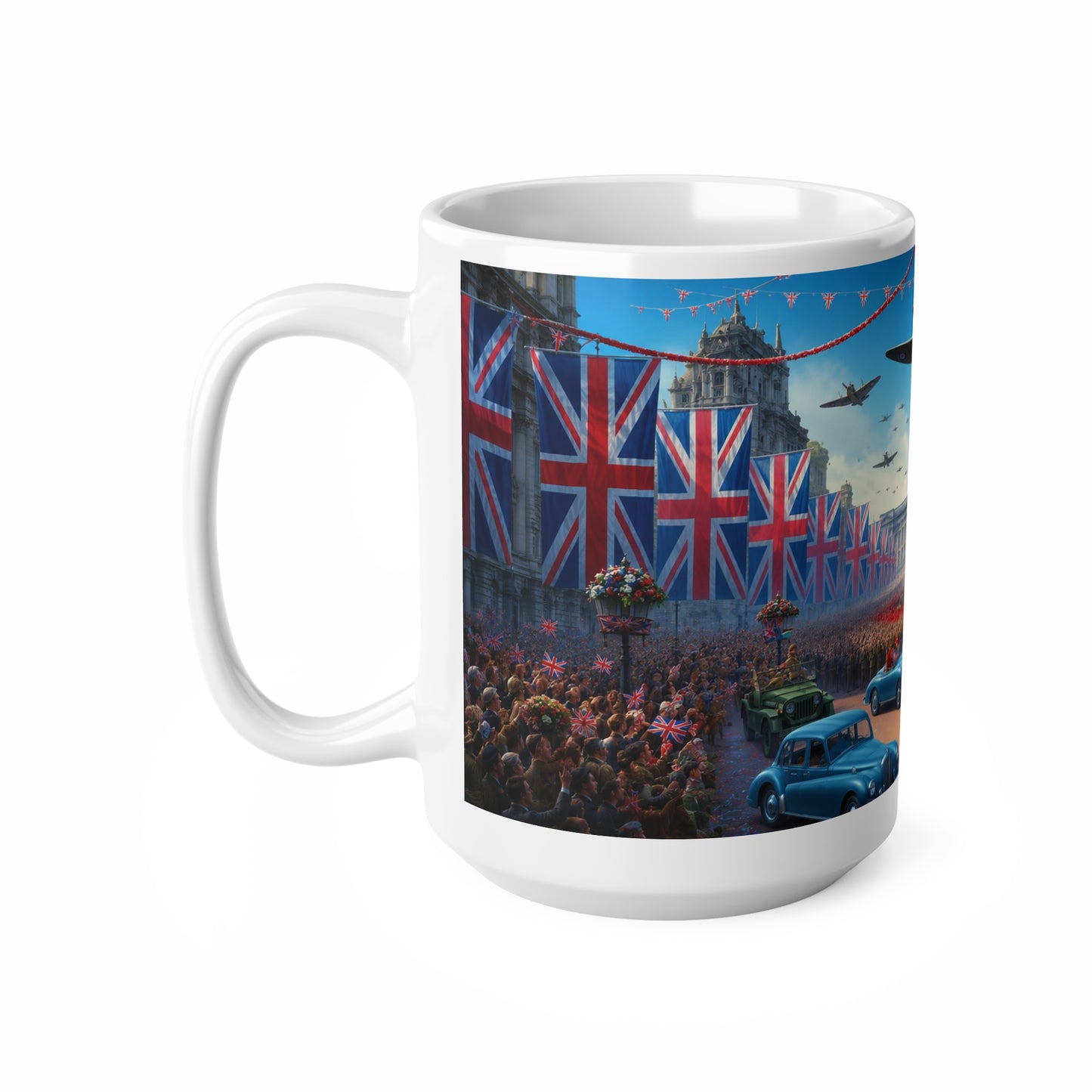 Union Jack Victory Parade Mug — Buckingham Palace Vintage WWII Commemorative Coffee Cup (11oz/15oz)