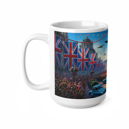 Union Jack Victory Parade Mug — Buckingham Palace Vintage WWII Commemorative Coffee Cup (11oz/15oz)