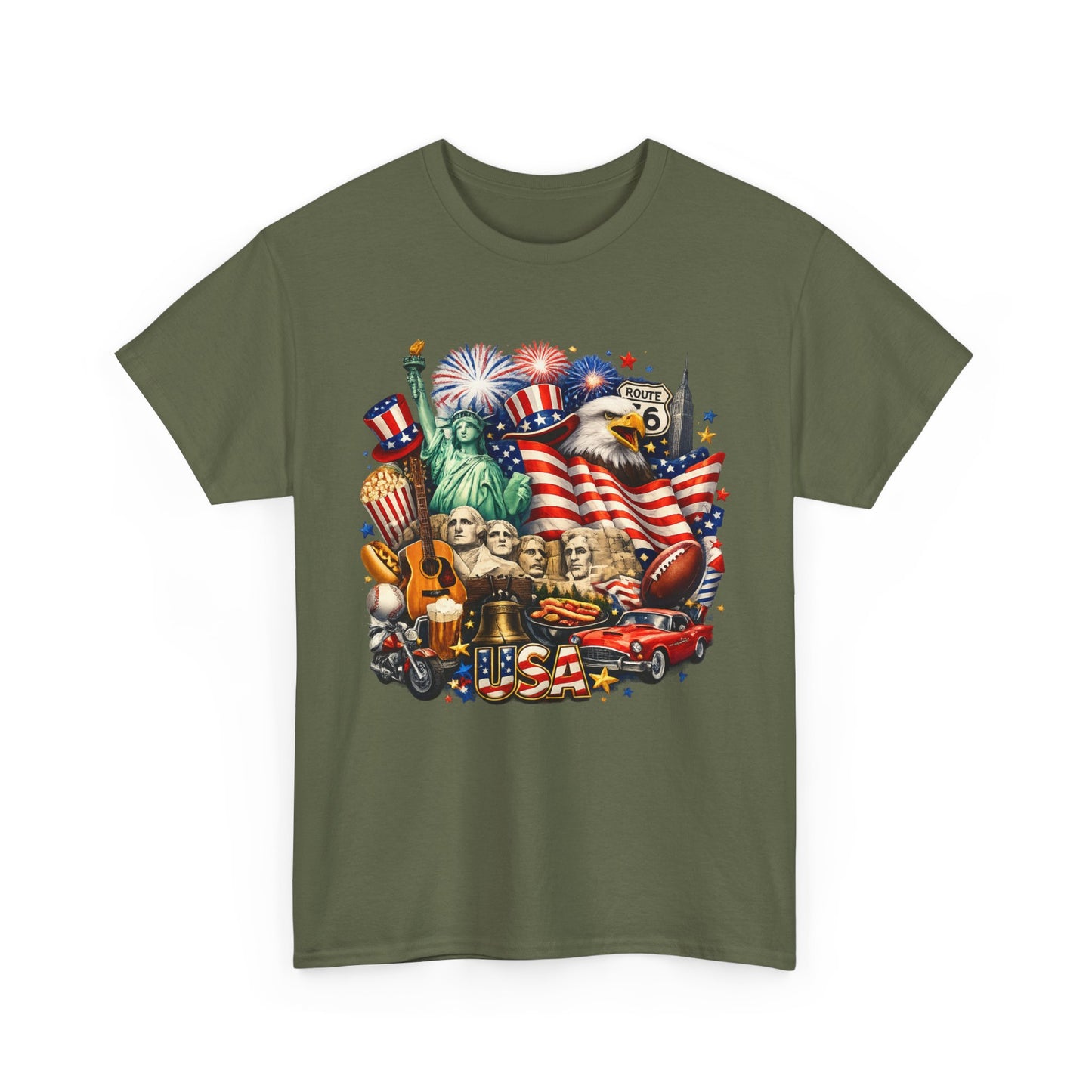 Patriotic USA Graphic Tee – American Flag, Statue of Liberty & Fireworks T-Shirt