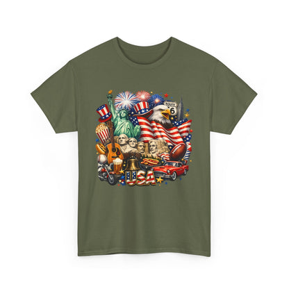 Patriotic USA Graphic Tee – American Flag, Statue of Liberty & Fireworks T-Shirt