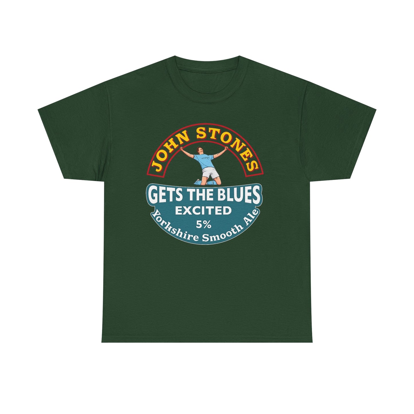 John Stones T-Shirt — "Gets The Blues Excited" Retro Ale Parody Tee