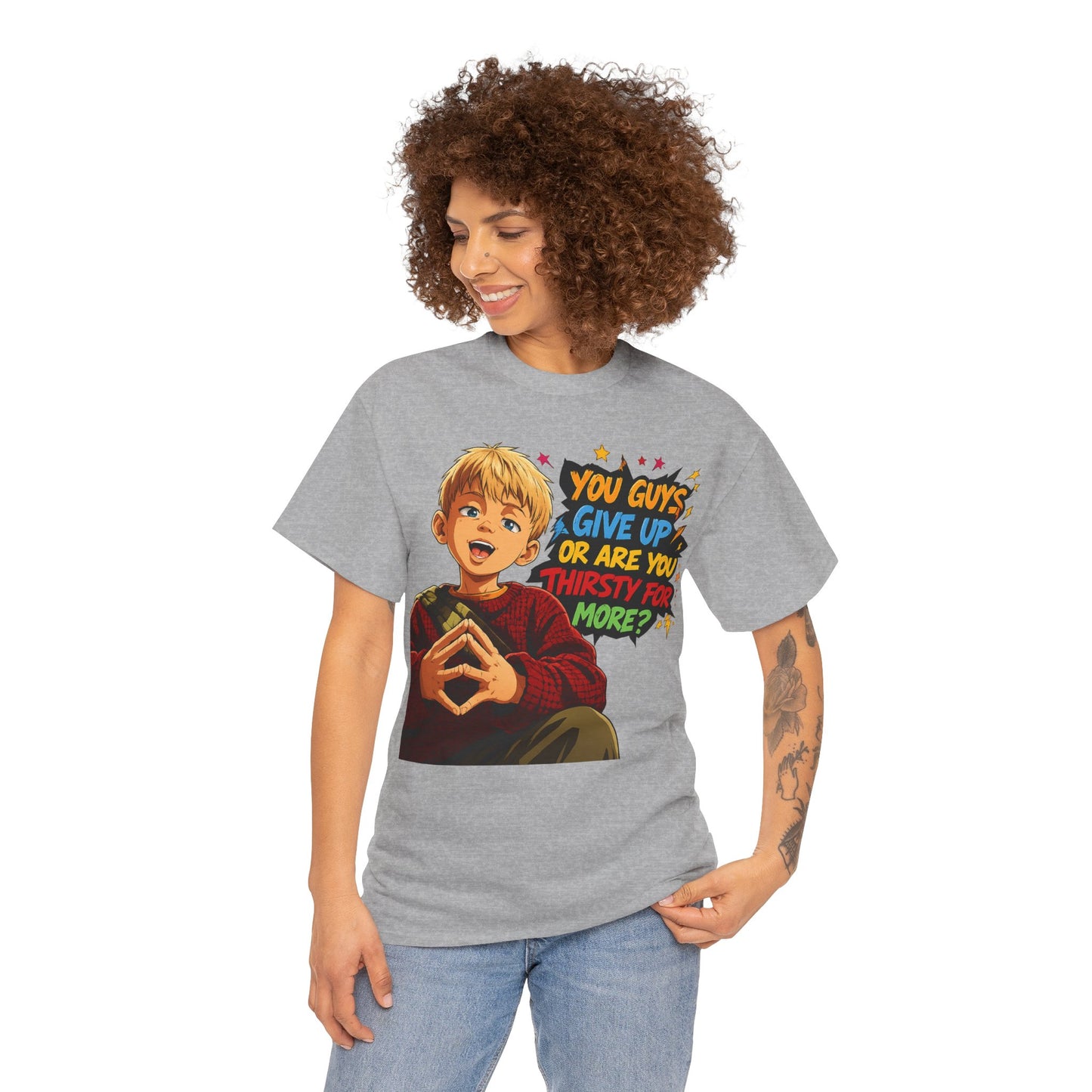 Home Alone Inspired Graphic Tee — 'You Guys Give Up or Are You Thirsty for More?' Nostalgic Comic Boy T-Shirt