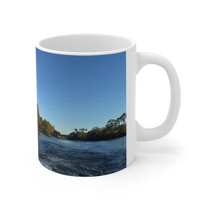 American Flag Waterfront Photo Ceramic Mug — Patriotic 11oz & 15oz Coffee Cup