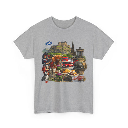 Scotland / Edinburgh Travel Collage T-Shirt — Edinburgh Castle, Bagpipes & Local Icons