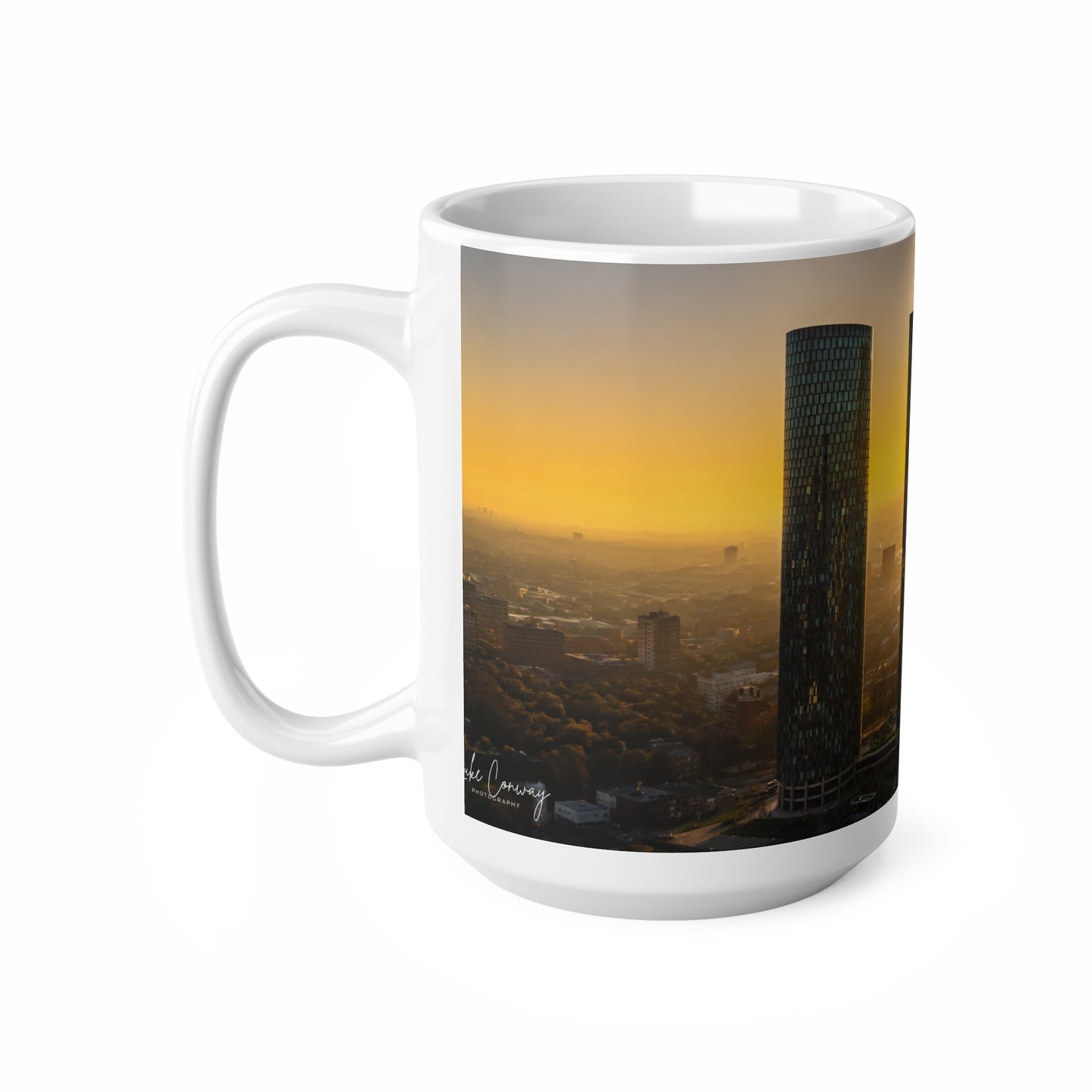 Manchester UK Sunrise Cityscape Ceramic Mug — Urban Skyline Coffee Cup (11oz & 15oz)