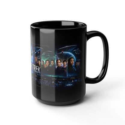 Star Trek Collage Black Mug — Sci‑Fi Crew Montage Coffee Cup (11oz/15oz)