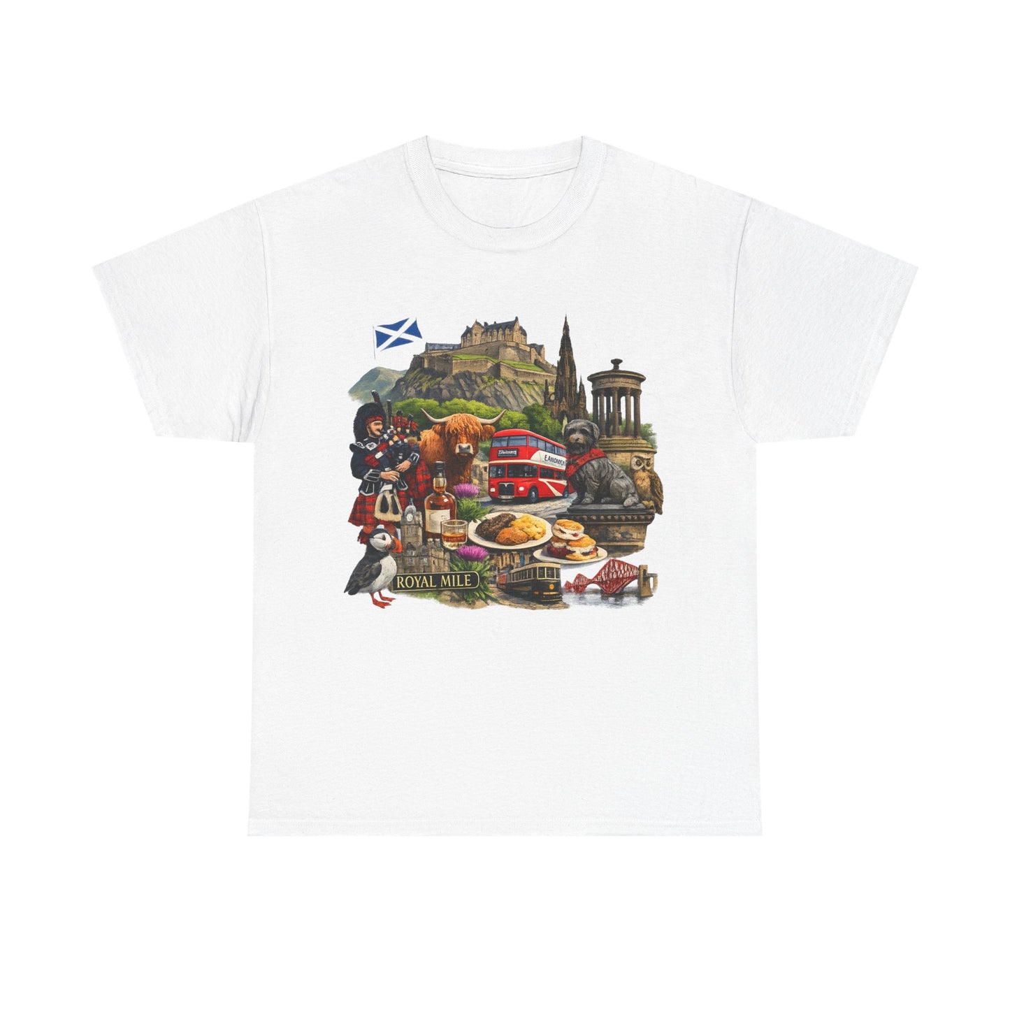 Scotland / Edinburgh Travel Collage T-Shirt — Edinburgh Castle, Bagpipes & Local Icons