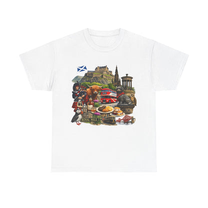 Scotland / Edinburgh Travel Collage T-Shirt — Edinburgh Castle, Bagpipes & Local Icons