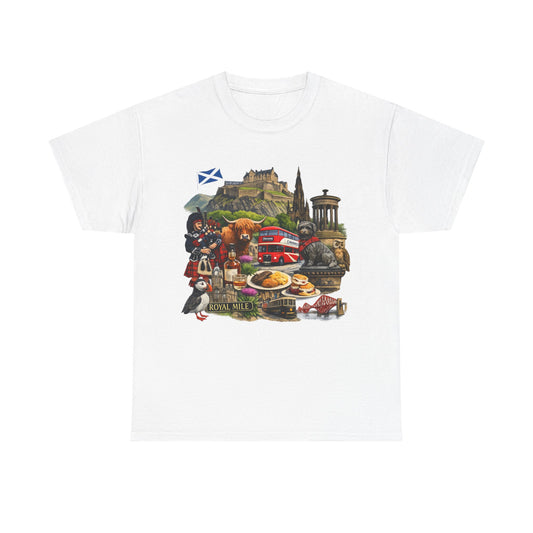 Scotland / Edinburgh Travel Collage T-Shirt — Edinburgh Castle, Bagpipes & Local Icons